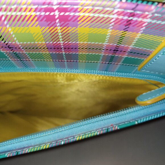 Baekgaard Real Leather Plaid Tote Purse Light Blue Hard Handles OS - Picture 5 of 9